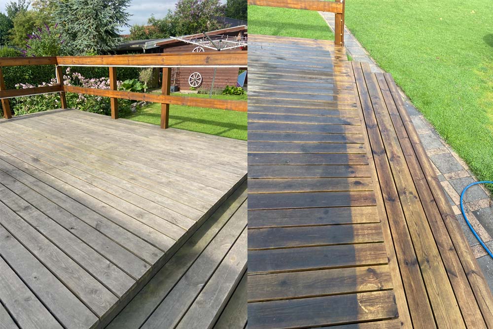 Før og efter billede af en terrasse efter en algebehandling